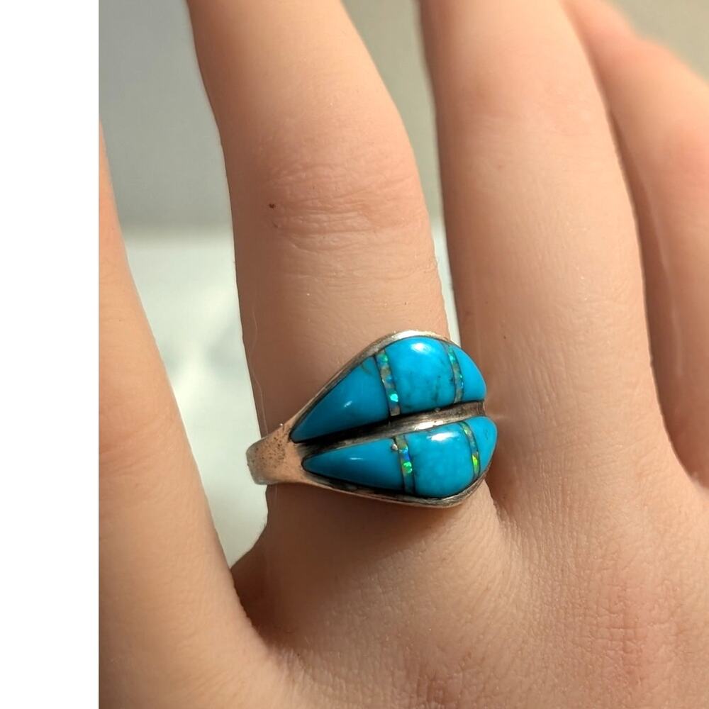 VTG Hallmark Stamped 'Feather Sterling' Turquoise Opal Inlay Ring Sz 6.5-6.75